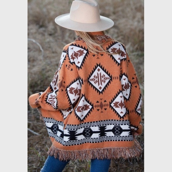 Rust Aztec Fringe Detail Cardigan Sweater - Picture 6 of 7